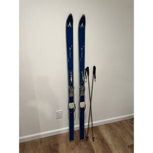 Vintage Ski Haus Wooden Long Snow Skis Blue Finish With Bindings And Poles